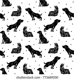 Vector seamless cartoon pattern with terrier, labrador and rottweiler. Black and white hand drawn dog pattern for paper, textile, handmade decoration, scrap-booking, polygraphy, t-shirt, cards.