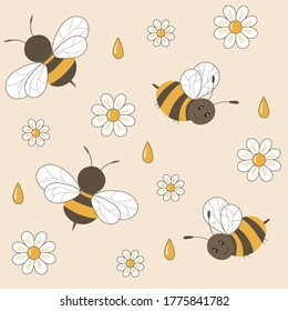 Vector seamless cartoon pattern with wasps and bees, flowers camomiles and drops of honey.