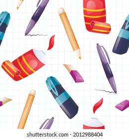 Vector seamless cartoon school pattern. Stationery and accessories on a background from a notebook sheet in blue cage.