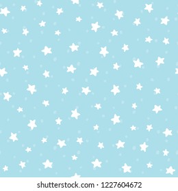 Vector Seamless Cartoon Simple Snow And Stars Pattern. Winter Background With Snowfall And Starry Night. Repeatable Backdrop For Winter And Christmas Theme.