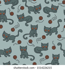 Vector seamless cat and ball pattern in grey and orange. Simple abstract doodle pet and yarn made into repeat. Great for background, wallpaper, wrapping paper, packaging, fashion.
