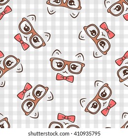 vector seamless cat face in glasses pattern