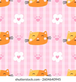 Vector seamless cat pattern featuring kitten faces and hearts. Perfect for wrapping paper, children apparel, and home textiles. Playful and stylish design