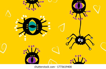 vector seamless cat's eye pattern with spider and hearts on a color-isolated background for Halloween. Digital, printing on textiles and graphic arts