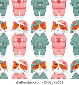 Vector Seamless cats in pajamas, background for Valentine's Day