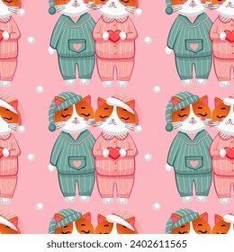 Vector Seamless cats in pajamas, background for Valentine's Day