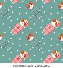 Vector Seamless cats in pajamas, background for Valentine's Day
