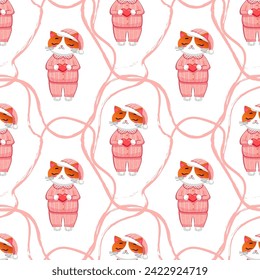 Vector Seamless cats in pajamas, background for Valentine's Day, openwork	