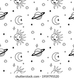 Vector seamless celestial pattern. Hand drawn vector astrology texture. Witchcraft aesthetic pattern for print, fabric, wrapping paper.