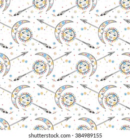 Vector seamless celestial pattern with moons, suns, faces and arrows in tribal style & ethnic motif. Boho chic print hand drawn in multiple bright color with small details and elements. Textile design