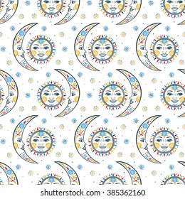 Vector seamless celestial pattern with moons, suns, faces in tribal style and ethnic motif. Boho chic print hand drawn in white, blue, red, gold colors with small details and elements. Textile design