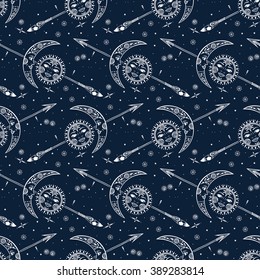 Vector seamless celestial pattern with moons, suns, faces and arrows. Boho chic print hand drawn in black and white with small details and elements. Textile design