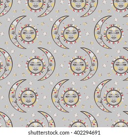 Vector seamless celestial pattern with moons, suns, faces, dots in tribal style and ethnic motif in grey colors. Boho chic print hand drawn with small geometric details and elements. Textile design