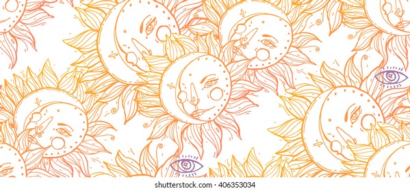 Vector seamless celestial pattern with moons, suns faces .Boho chic print hand drawn in warm gradient line on  white,with small details and elements of Eye pyramidal symbol. Textile design