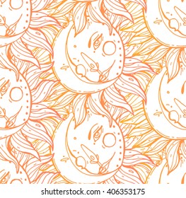 Vector seamless celestial pattern with moons, suns faces .Bo ho chic print hand drawn in warm gradient line on  white with small details.Alchemy, religion, spirituality, occultism, textiles art. 