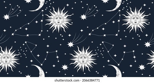vector seamless celestial pattern on the theme of astrology, mysticism. pattern with stars, sun, moon, constellations, zodiac signs. trendy pattern in flat style