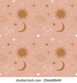 vector seamless celestial pattern on the theme of space, astrology, astronomy. pattern with sun, stars, planets, moon, comets, asteroids. trendy pattern in flat style