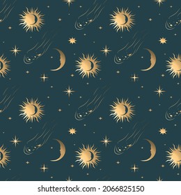 vector seamless celestial pattern on the theme of space, astrology, pattern with sun, stars, moon, comets, asteroids. trendy pattern in flat style