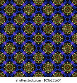 Vector seamless ceramic tile with colorful patchwork. Vintage blue, green and black pattern in turkish style. Endless pattern can be used for ceramic tile, wallpaper, linoleum, textile.