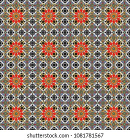 Vector seamless ceramic tile with colorful patchwork. Vintage blue, brown and gray pattern in turkish style. Endless pattern can be used for ceramic tile, wallpaper, linoleum, textile.