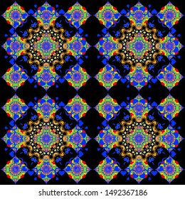 Vector seamless ceramic tile with colorful patchwork. Vintage black, blue and violet pattern in turkish style. Endless pattern can be used for ceramic tile, wallpaper, linoleum, textile.
