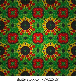 Vector seamless ceramic tile with colorful patchwork. Vintage green, gray and yellow pattern in turkish style. Endless pattern can be used for ceramic tile, wallpaper, linoleum, textile.