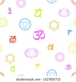 Vector seamless Chakras pattern: muladhara, swadhisthana, manipura, anahata, vishuddha, ajna, sahasrara. Om sign line symbol on a white background