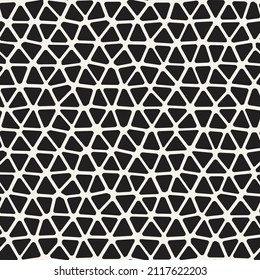 Vector seamless chaotic triangle grid pattern. Repeating geometric rounded elements. Stylish monochrome background design.