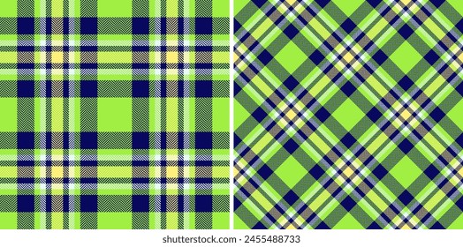 Vector seamless check of fabric background pattern with a tartan texture plaid textile set in neon colors.