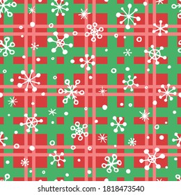 Vector seamless check pattern with hand drawn snowflakes. Cute design for Christmas wrappings, textile and backgrounds