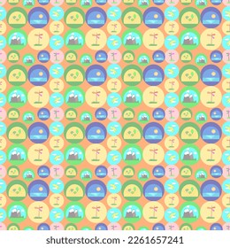 VECTOR seamless checked pattern holiday and travel theme with rounded shapes including a plane, mountains, sea and travel sign