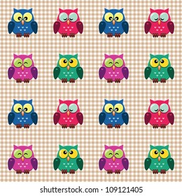 Vector seamless checked pattern little cute owls.