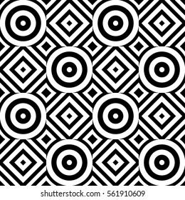 Vector seamless checkerboard pattern. Chequered ornament, illusive striped black white circles and polygons. Background, texture with figurative geometry. Decor for card tile print web cover fabric