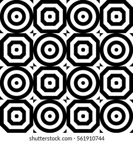 Vector seamless checkerboard pattern. Chequered ornament, illusive striped black white circles and polygons. Background, texture with figurative geometry. Decor for card tile print web cover fabric