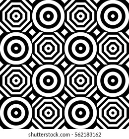 Vector seamless checkerboard pattern. Chequered ornament, illusive striped black white circles and polygons. Background, texture with figurative geometry. Decor for card tile print web cover fabric