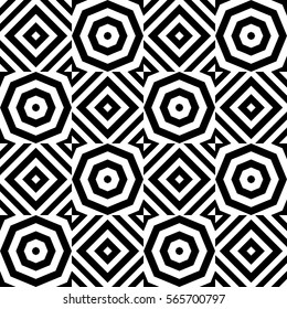 Vector seamless checkerboard pattern. Chequered ornament, optical art effect with striped black white polygons. Background, texture with figurative geometry. Decor for card tile print web cover fabric