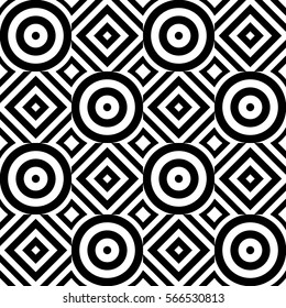 Vector seamless checkerboard pattern. Chequered ornament, illusive striped black white circles and polygons. Background, texture with figurative geometry. Decor for card tile print web cover fabric
