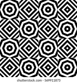 Vector seamless checkerboard pattern. Chequered ornament, optical art effect with striped black white polygons. Background, texture with figurative geometry. Decor for card tile print web cover fabric