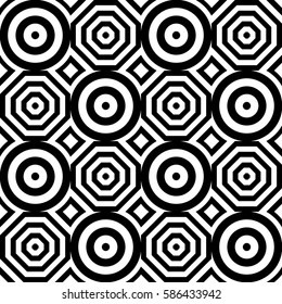 Vector seamless checkerboard pattern. Chequered ornament, illusive striped black white circles and polygons. Background, texture with figurative geometry. Decor for card tile print web cover fabric