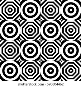 Vector seamless checkerboard pattern. Chequered ornament, illusive striped black white circles and polygons. Background, texture with figurative geometry. Decor for card tile print web cover fabric