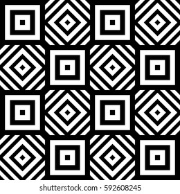 Vector seamless checkerboard pattern. Chequered ornament, optical art effect with striped black white polygons. Background, texture with figurative geometry. Decor for card tile print web cover fabric