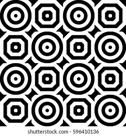 Vector seamless checkerboard pattern. Chequered ornament, optical art effect with striped black white polygons. Background, texture with figurative geometry. Decor for card tile print web cover fabric