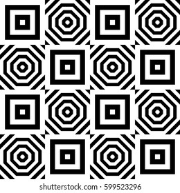 Vector seamless checkerboard pattern. Chequered ornament, optical art effect with striped black white polygons. Background, texture with figurative geometry. Decor for card tile print web cover fabric