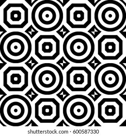 Vector seamless checkerboard pattern. Chequered ornament, illusive striped black white circles and polygons. Background, texture with figurative geometry. Decor for card tile print web cover fabric