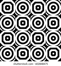 Vector seamless checkerboard pattern. Chequered ornament, illusive striped black white circles and polygons. Background, texture with figurative geometry. Decor for card tile print web cover fabric