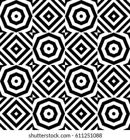 Vector seamless checkerboard pattern. Chequered ornament, optical art effect with striped black white polygons. Background, texture with figurative geometry. Decor for card tile print web cover fabric