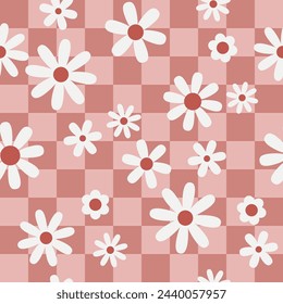 Vector seamless checkered pattern with daisy flower