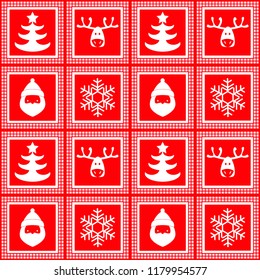 vector seamless checkered pattern, new year, christmas, silhouettes of deers, snowflakes, santa claus
