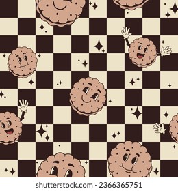 Vector de fondo retro a cuadros impecables con galletas emoticones y estrellas brillantes