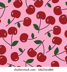 vector seamless cherry pattern with leaves on pink background